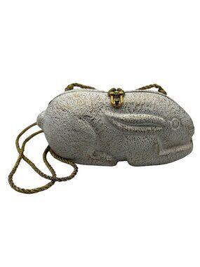 Timmy Woods Handmade Carved Bunny Rabbit Satchel Clutch Purse Bag White Gold